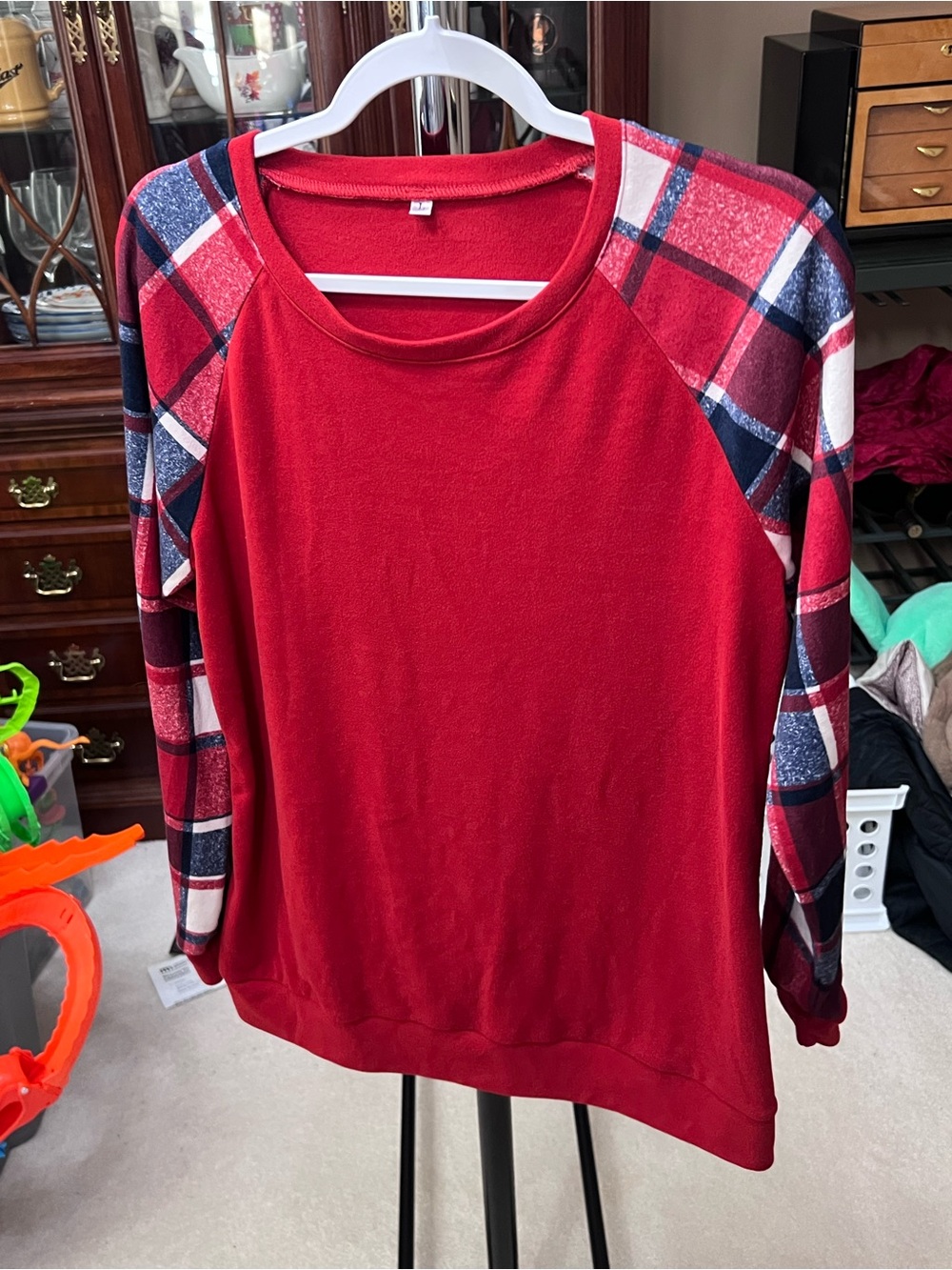 SHEIN Red Top with Red & Navy Plaid Raglan Sleeves